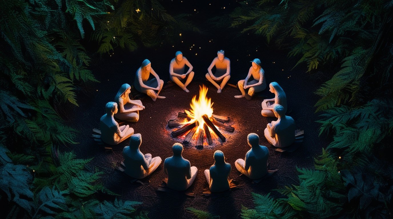 Campfire stories, people gathered around telling stories