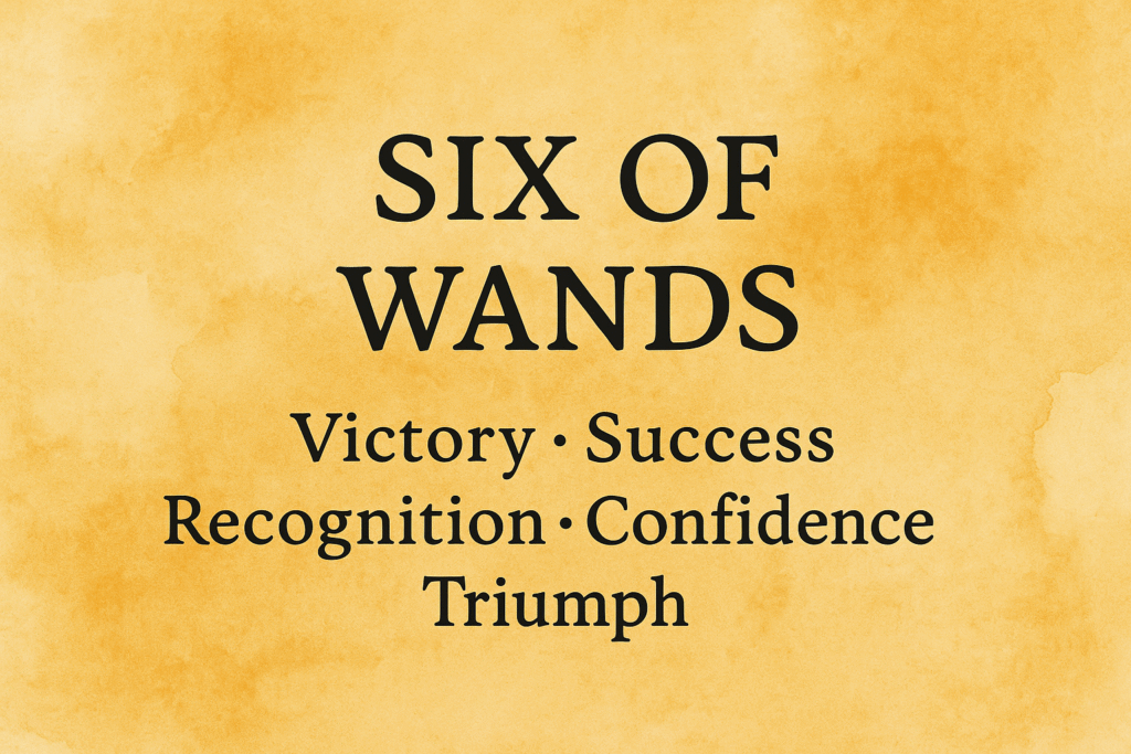 Detailed illustration of the Six of Wands tarot card with a figure on a horse and a crowd, emphasizing public recognition